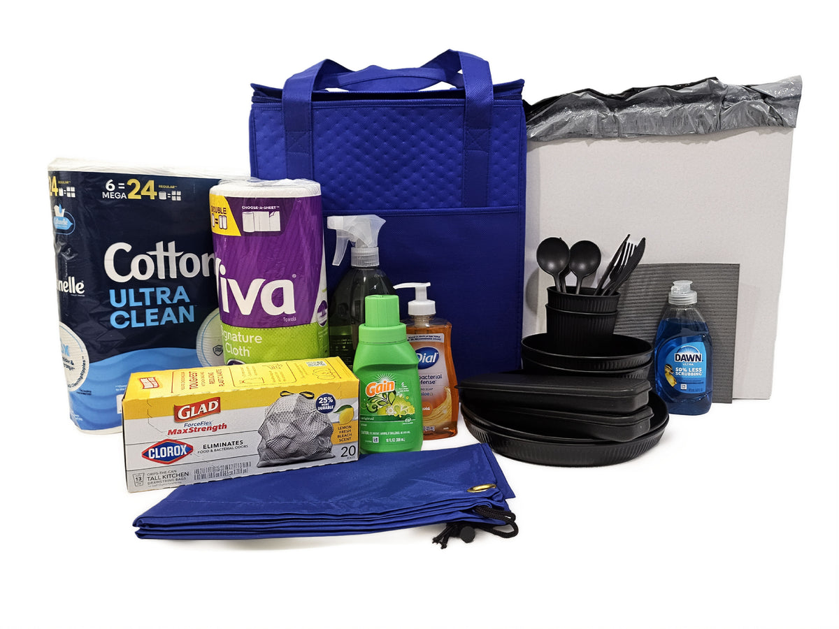 Campus move-in welcome box with dorm or first apartment essentials for college students