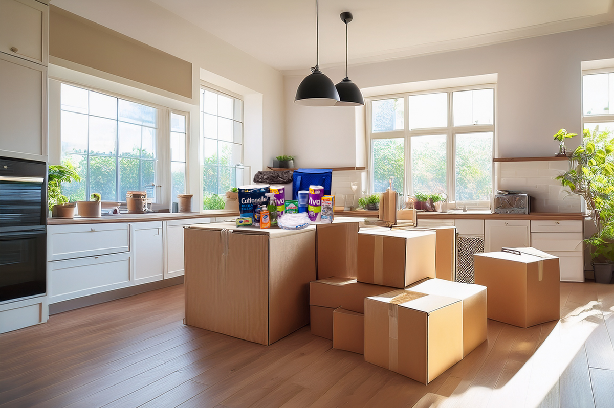 Move-in essentials welcome home box in a new house or apartment kitchen for the first night after moving